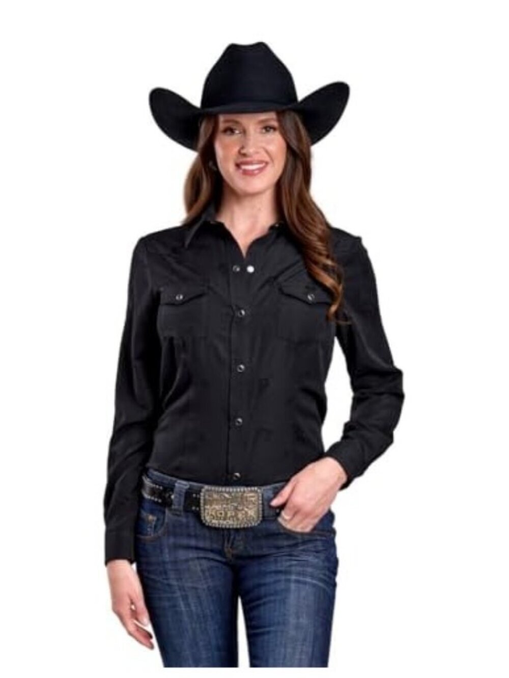 Roper Women's Long Sleeve Horse Flower Print Snap Shirt Black